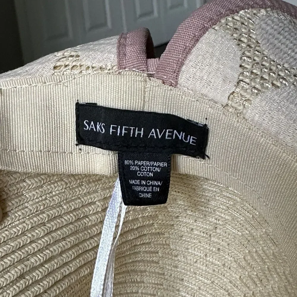 Saks Fifth Avenue Cream Beige Wide Brim Sun Beach Hat Boho Dusty Pink Packable